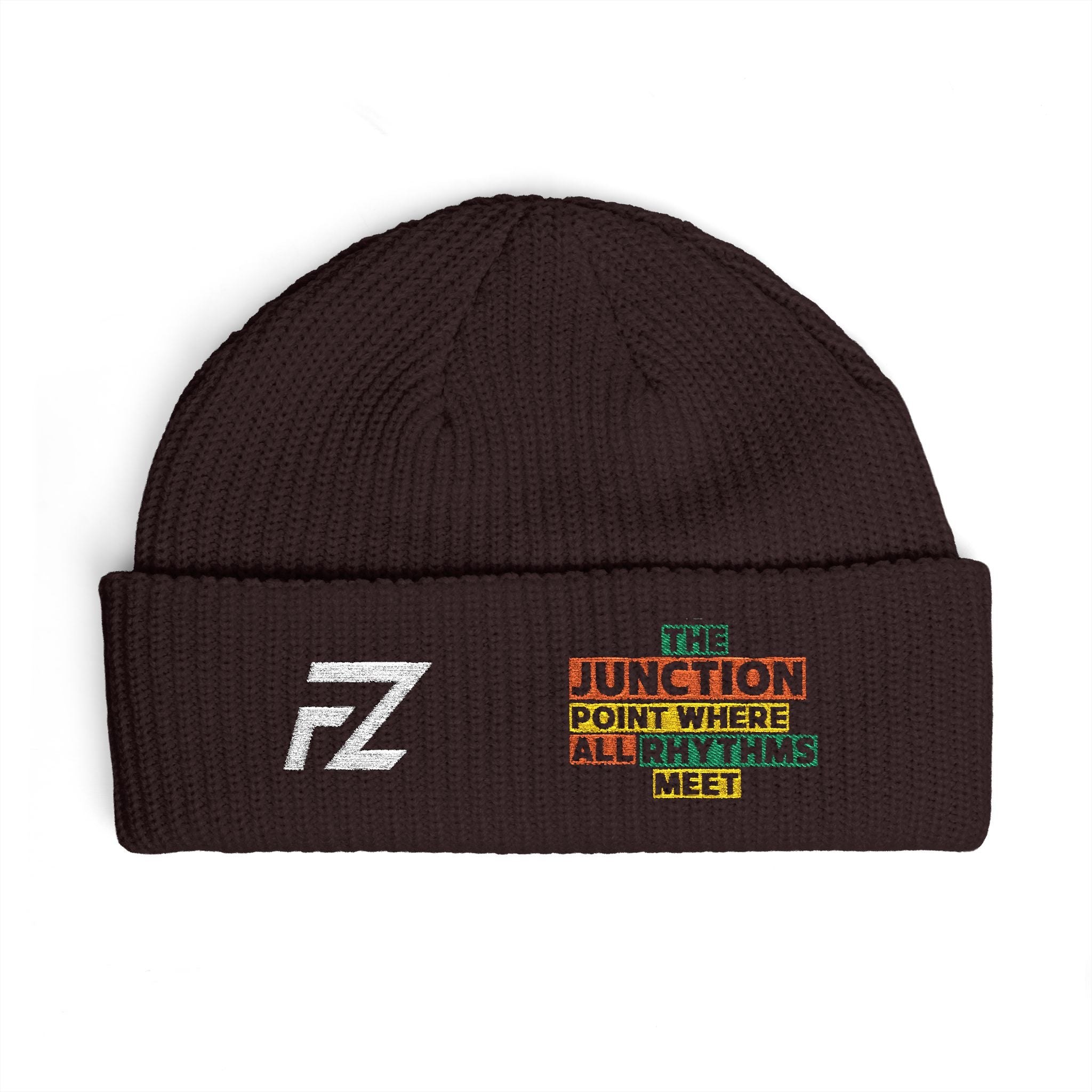 FZ Cuff Beanie — 'Junction Point Where all Rhythms Meet' Embroidered Knit Hat