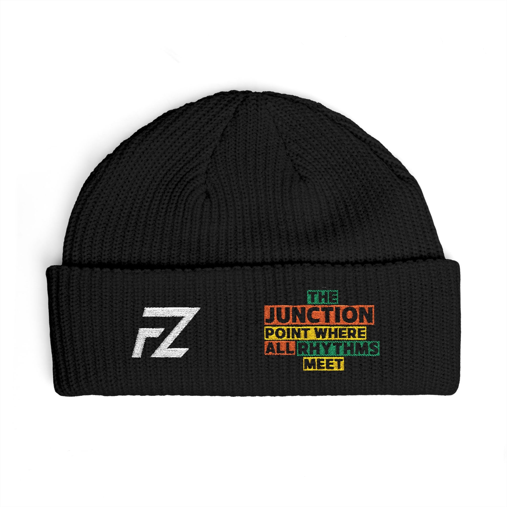 FZ Cuff Beanie — 'Junction Point Where all Rhythms Meet' Embroidered Knit Hat