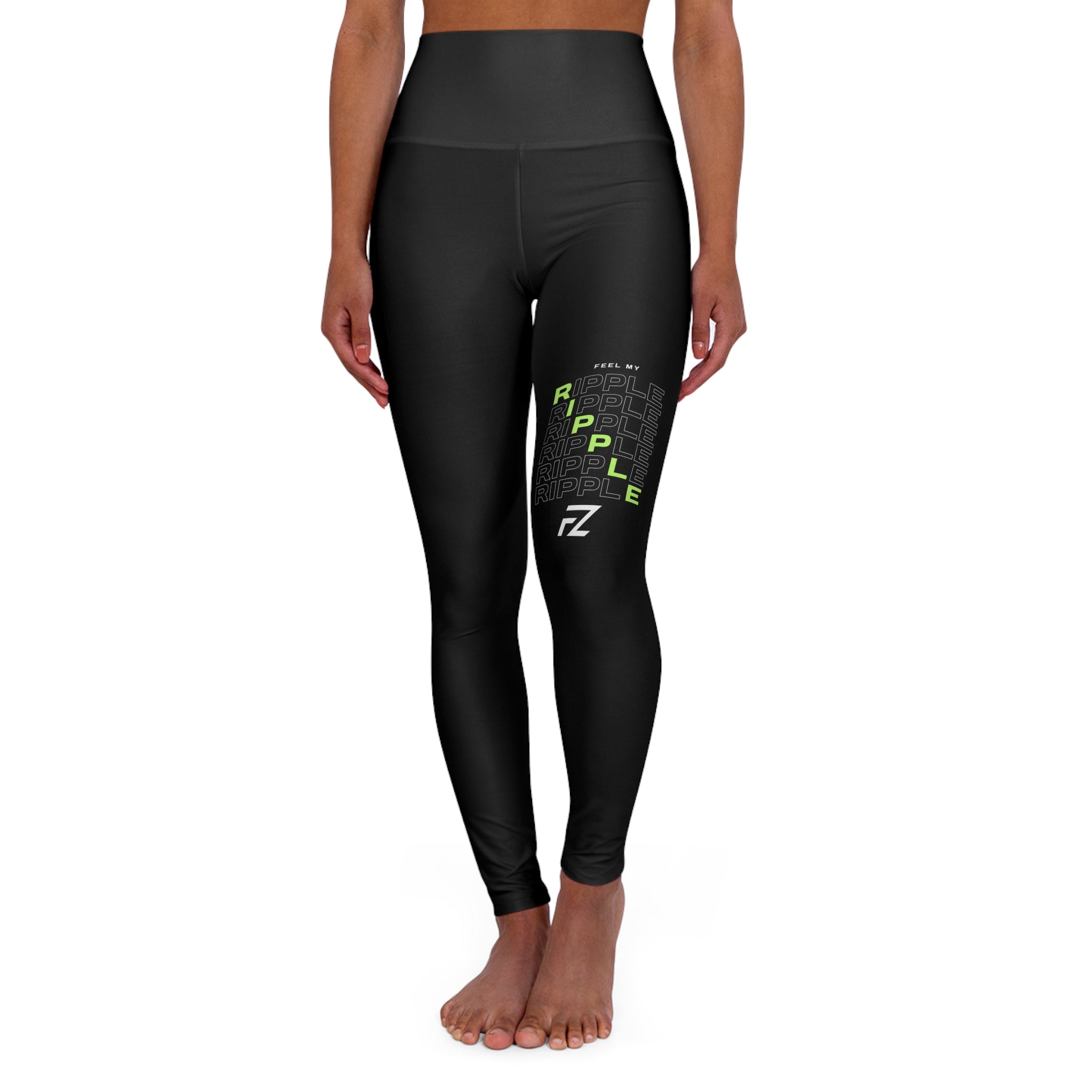 RIPPLE OUTWARD High-Waisted Black Yoga Leggings with Subtle Lime Accent — FZ logo
