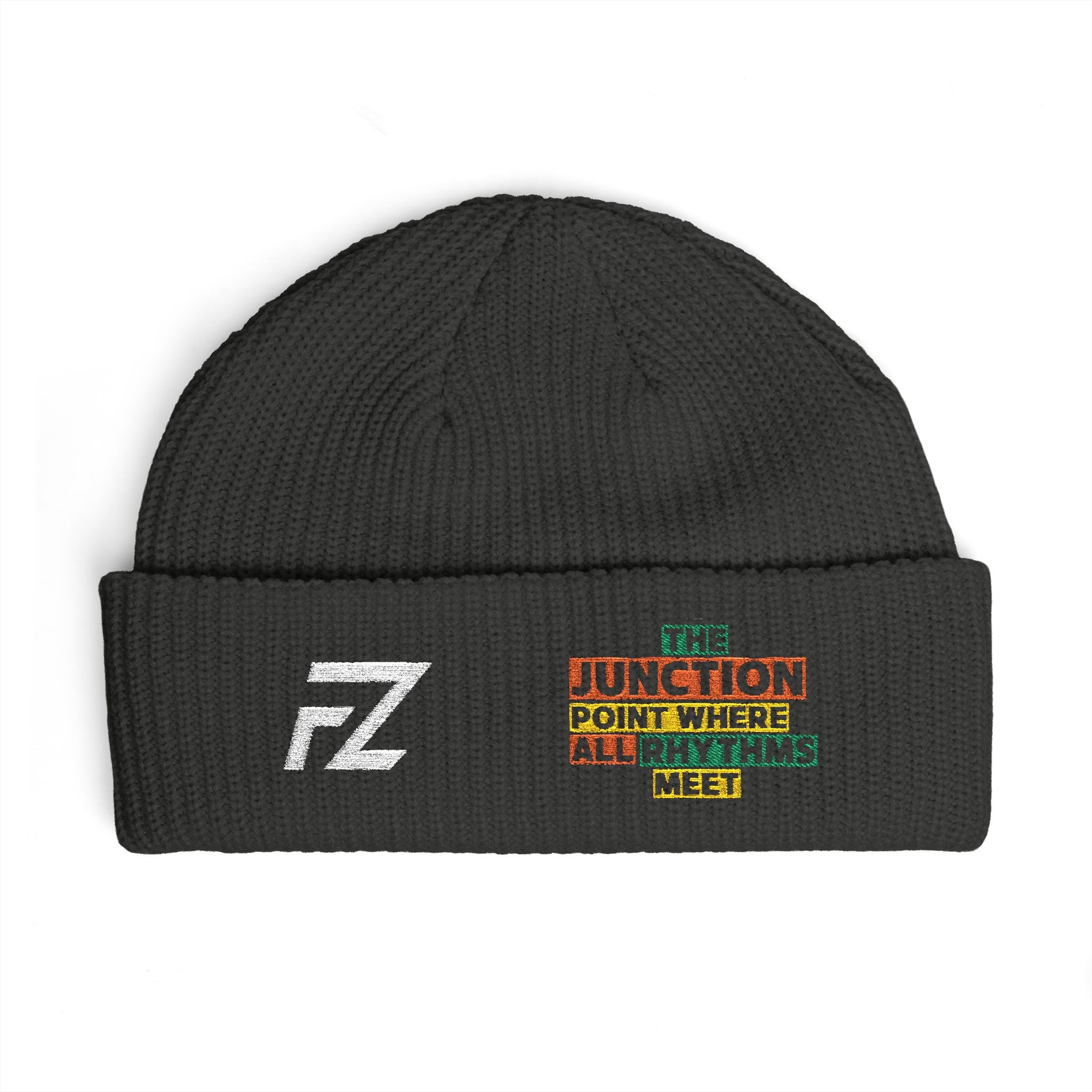 FZ Cuff Beanie — 'Junction Point Where all Rhythms Meet' Embroidered Knit Hat