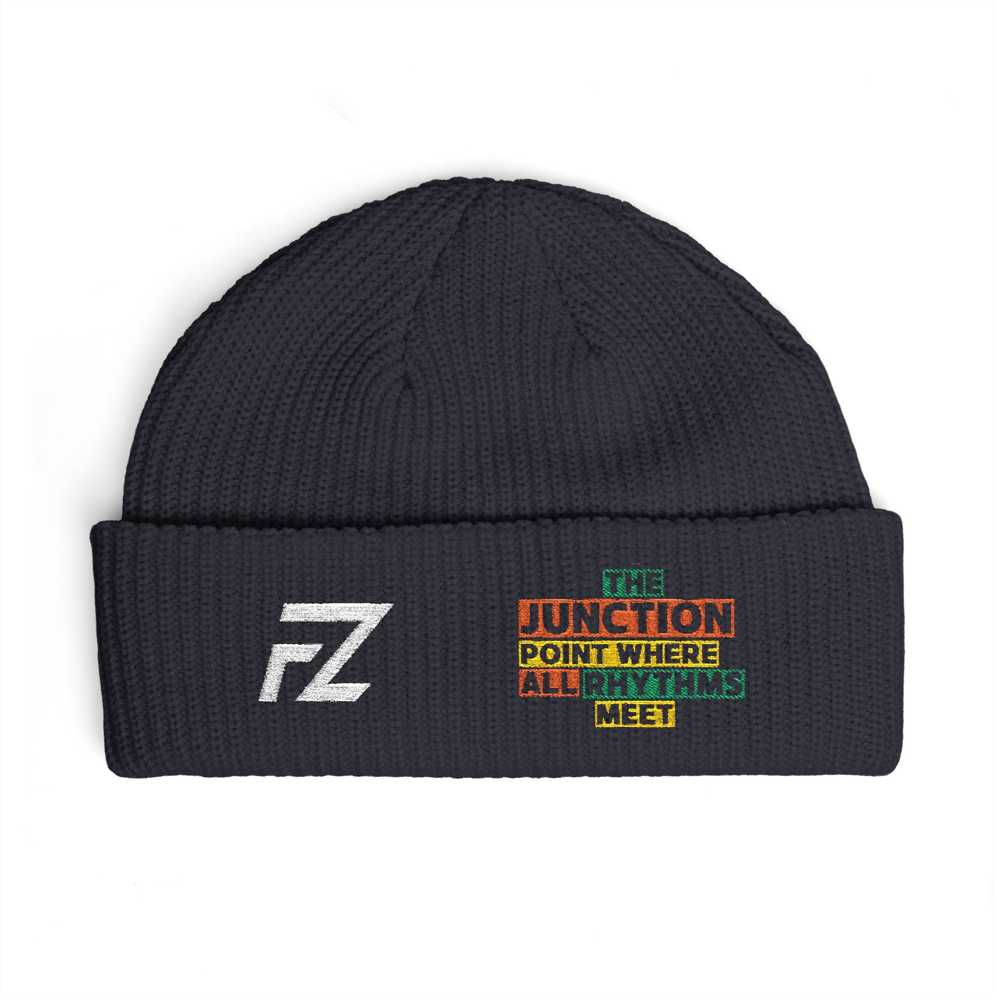 FZ Cuff Beanie — 'Junction Point Where all Rhythms Meet' Embroidered Knit Hat
