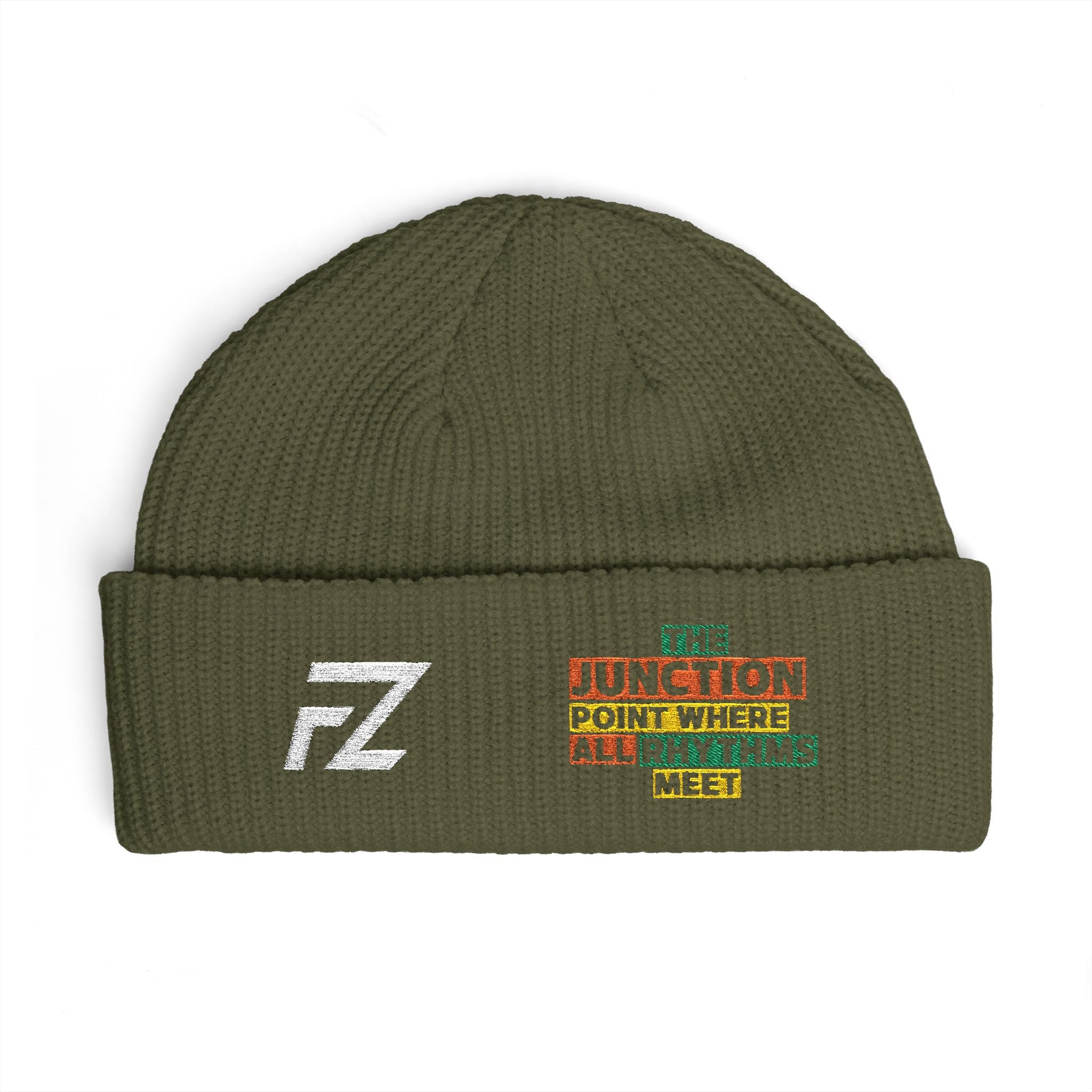 FZ Cuff Beanie — 'Junction Point Where all Rhythms Meet' Embroidered Knit Hat